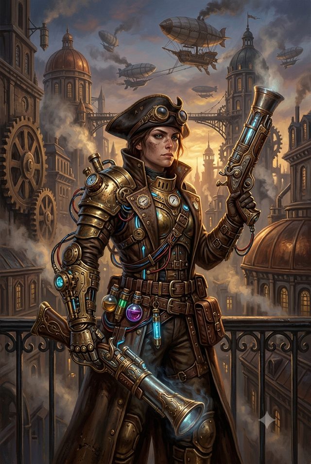 Steampunk setting for an AI dungeon master campaign — brass machinery, airships, and clockwork